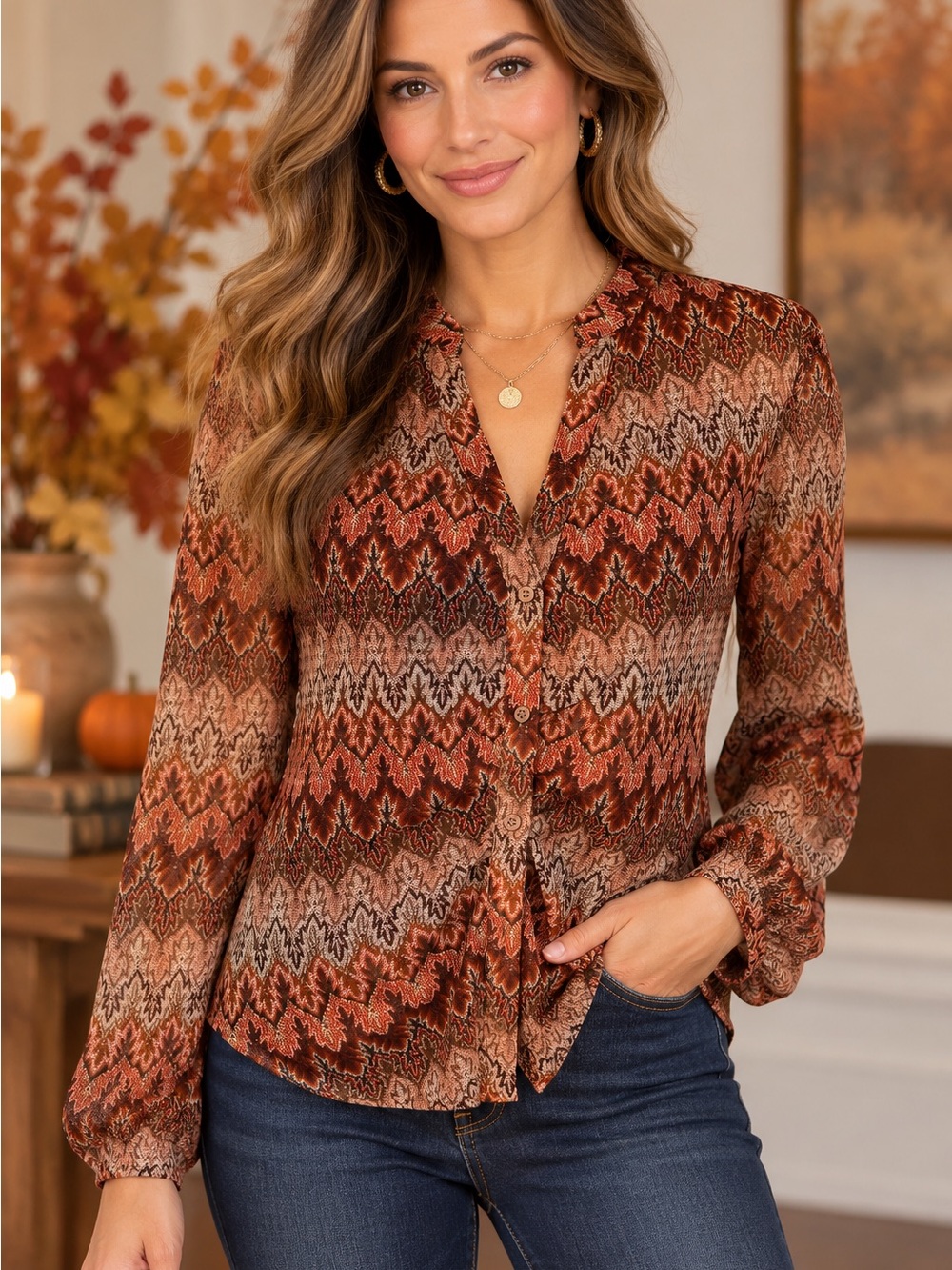 DR2 Rust Chevron-Print Button Front Blouse